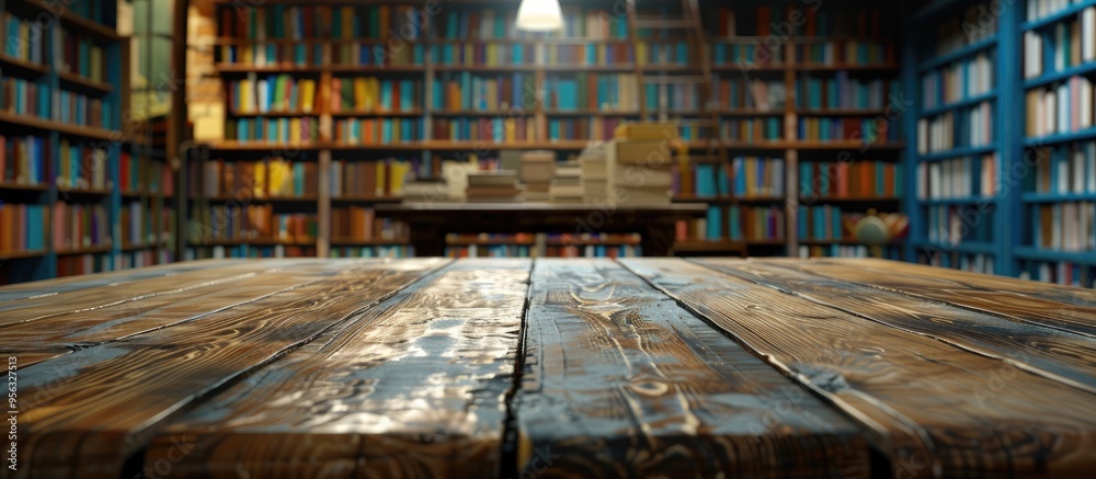 Poster A wooden table with no items on top set against a library backdrop at a school provides space for product advertisements along with a display of lovely library books. Creative banner. Copyspace image