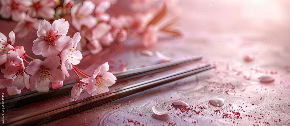 Poster cherry blossom branch and chopsticks on table showcase japanese food culture with ample copy space i