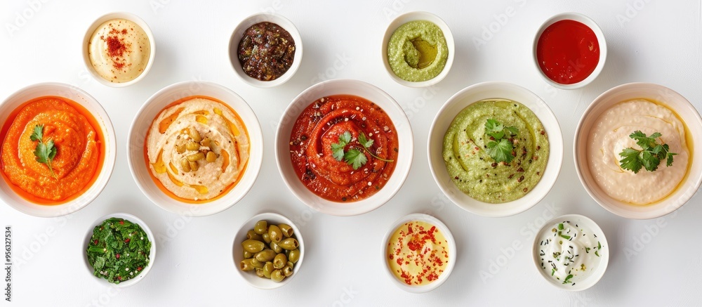 Poster Several bowls with various dips lined up neatly against a white background with room for copy space image