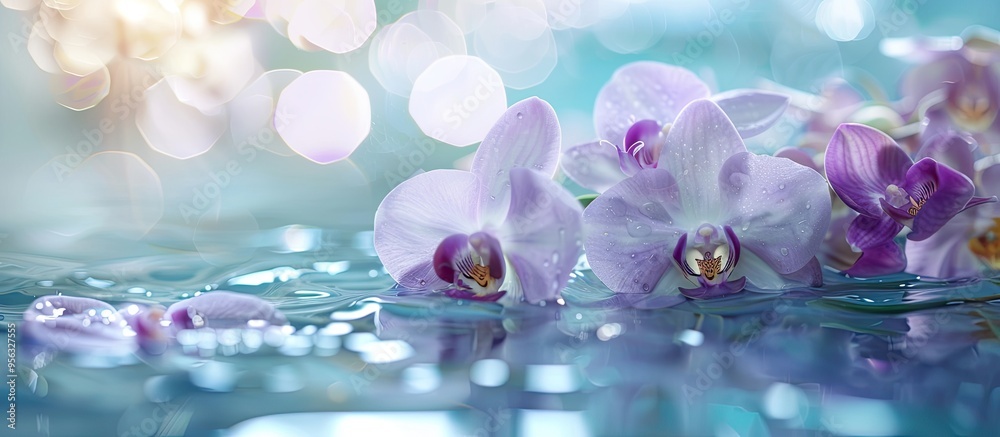 Poster close up purple and white orchid flowers floating on the water s surface creating a serene and visua