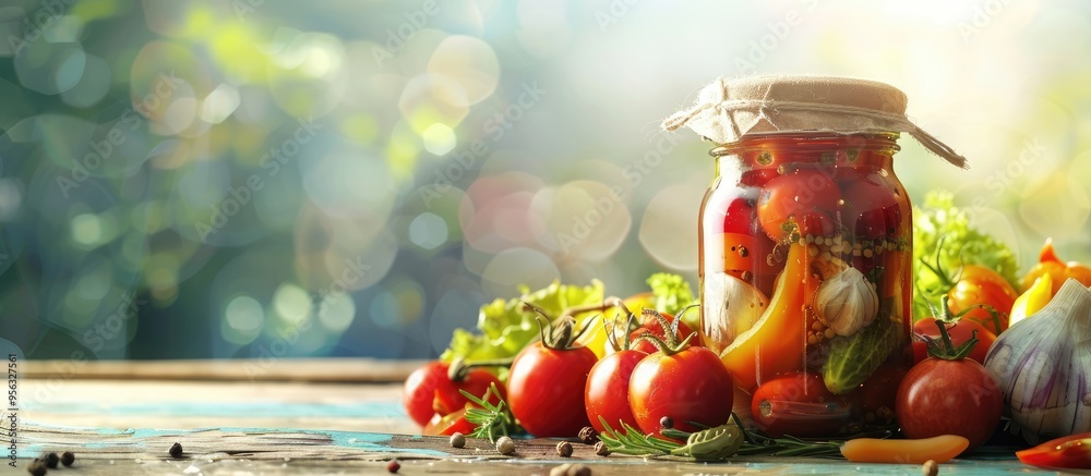 Poster Jar of pickled tomatoes surrounded by vegetables on a bright background with ample copy space image
