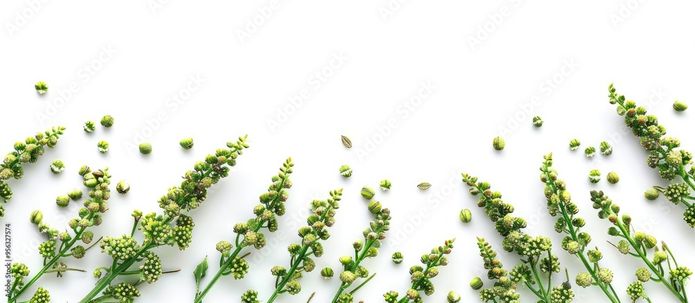 Poster close up view of vibrant green quinoa sprigs with seeds on a white backdrop showcasing a garden plan