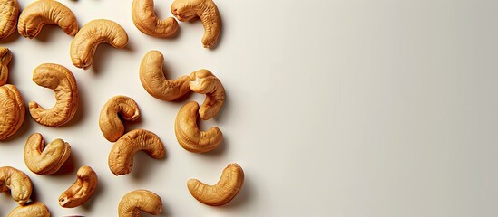 Close up view of freshly roasted cashews on a plain background with ample copy space image
