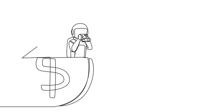 Animation of a single one line drawing astronaut emerges from a dollar symbol coin looking for something with binoculars. Raising funds for the next expedition into space. Full length motion