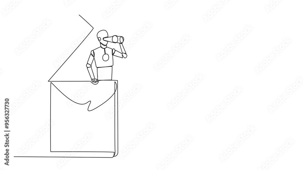 Poster animation of single continuous line drawing a smart robot emerges from the clipboard looking for som