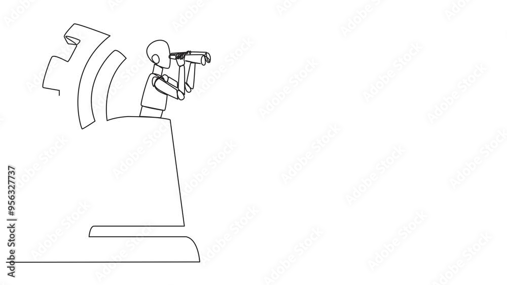 Poster animated self drawing of continuous one line drawing a robot emerges from the rook chess pieces look