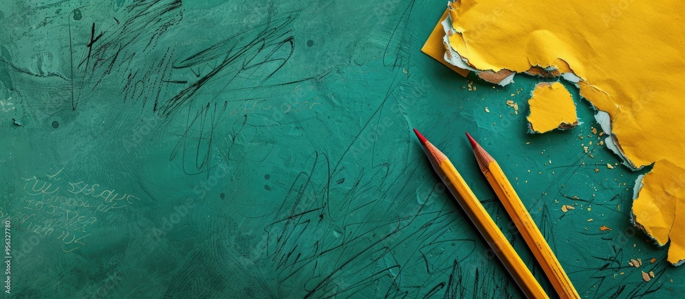 Aufkleber a back to school message on torn yellow paper against a green backdrop with a symbolic theme for the