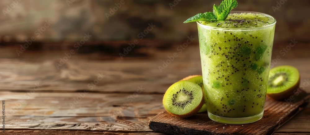 Aufkleber wooden background setting with board displaying a glass of freshly blended kiwi smoothie garnished w