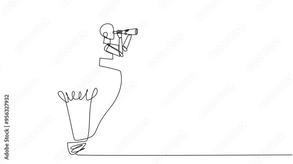 Poster animation of continuous one line drawing of a robot emerging from a lightbulb looking for something 