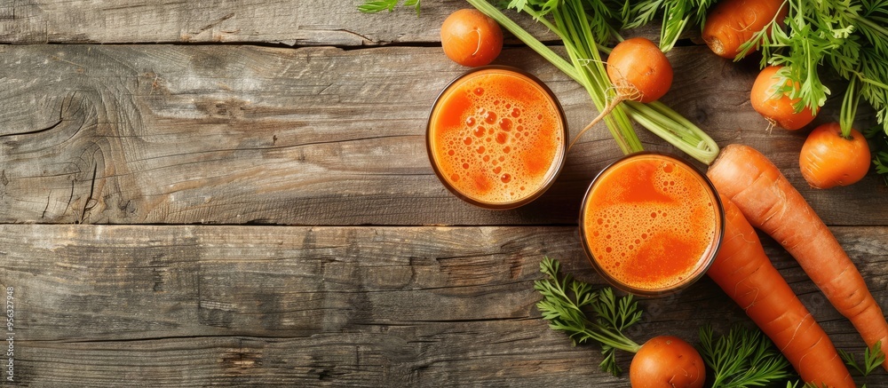 Fototapete top down view of a glass of nutritious carrot juice and fresh veggies on a wooden surface ideal for 