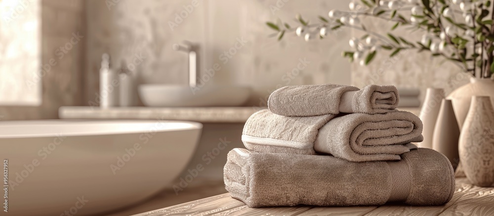 Poster neutral beige themed bathroom setting with a stack of neatly folded towels ideal for promoting spa o