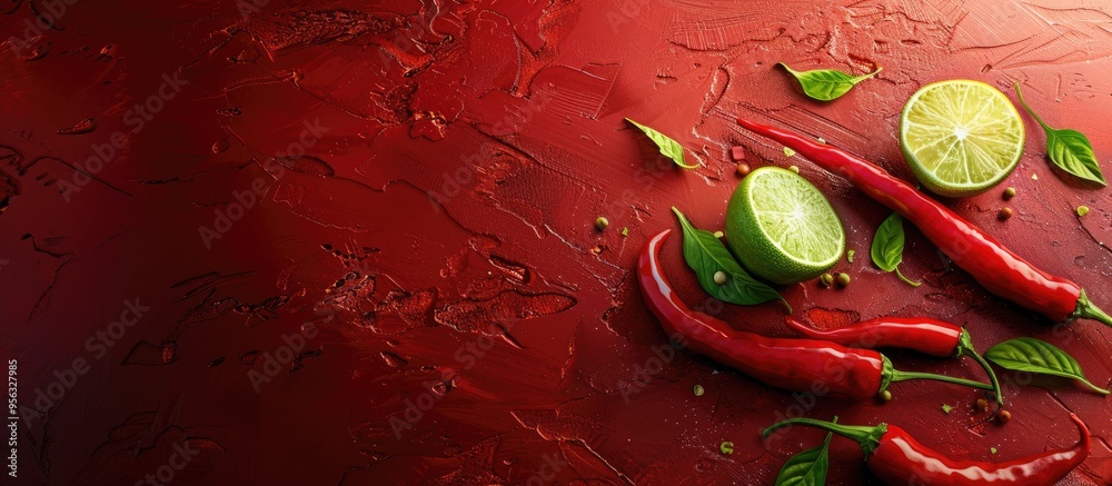 Poster chili pasted with lime slices on a copy space image