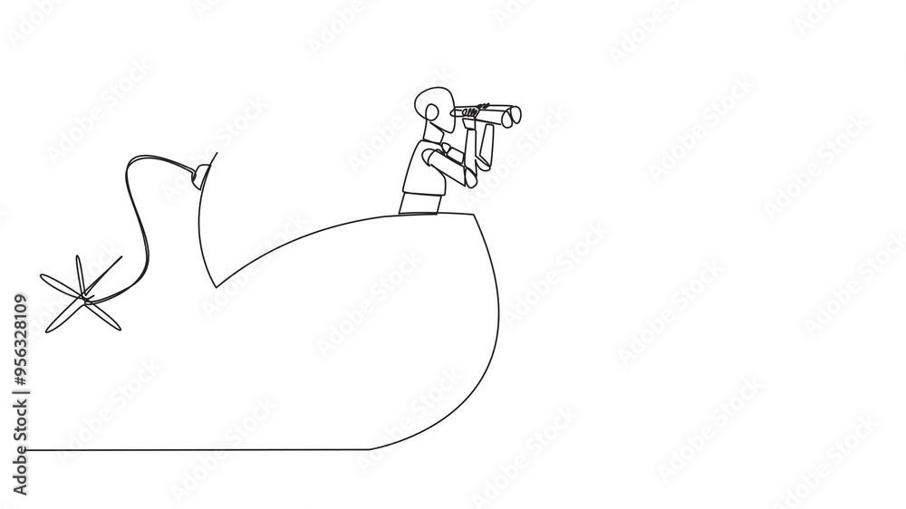 Poster animated self drawing of single continuous line drawing a smart robot emerges from bomb with burning