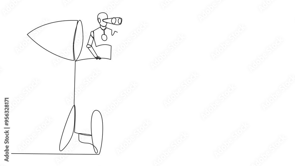 Poster self drawing animation of continuous one line drawing a smart robot appears from the end of the rock