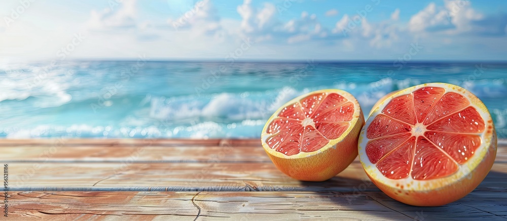 Poster fresh grapefruit halves on a wooden table with a backdrop of sea and sky provide a scenic copy space