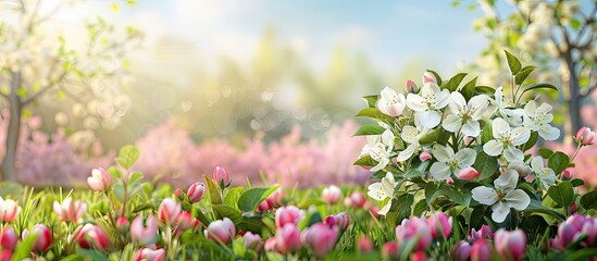 Springtime brings beautiful white apple blossom alongside budding pink flowers creating a picturesque scene with copy space image