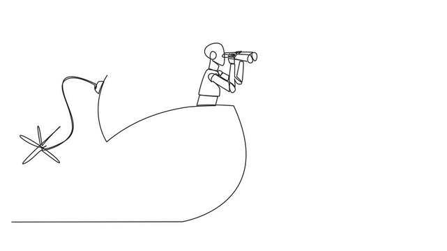Animated self drawing of single continuous line drawing a smart robot emerges from bomb with burning fuse looking for something with binoculars. Analyze the level of danger. Full length animation