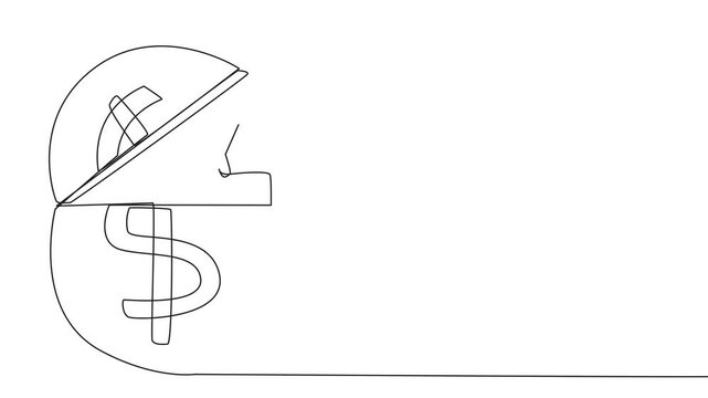 Animation of a single one line drawing a robot emerges from a dollar symbol coin look for something with binoculars. Scan. Analyzing needs during retirement. Preparation. Full length motion