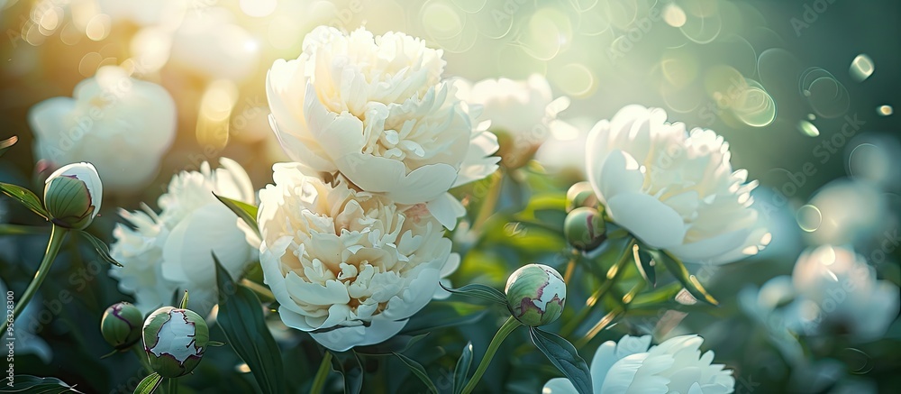 Fototapete blooming white peonies close up in a spring garden with a green natural background creating a beauti