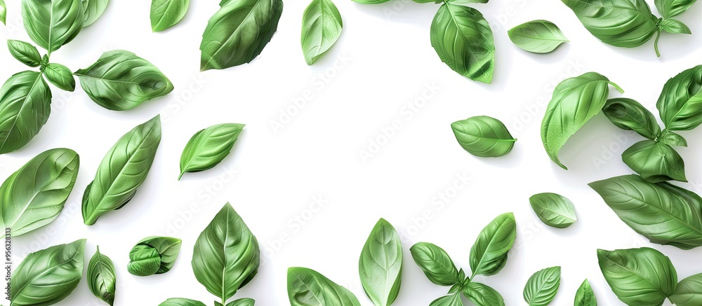 Poster White background framed by basil leaves with copy space image