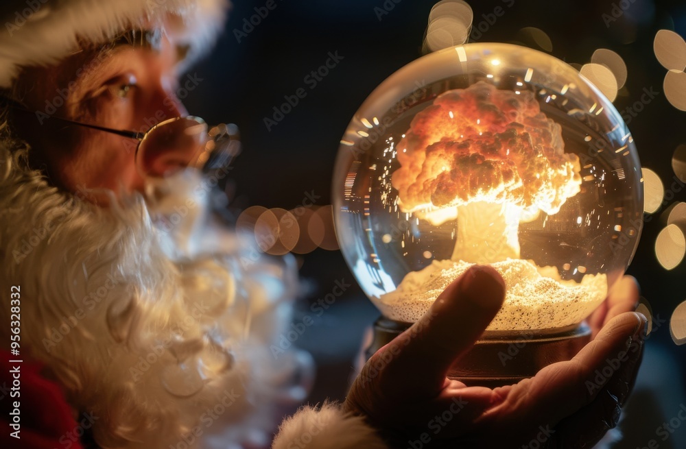 Poster close up of santa claus holding a nuclear mushroom cloud inside a snow globe with bokeh effect. dark