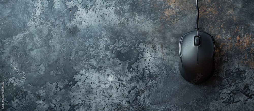 Poster top down view of a wired mouse on a grey textured table with available space for text overlay in the