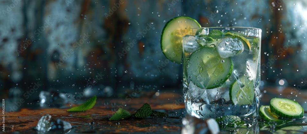 Poster A gin and tonic served in a misted glass on a weathered background garnished with lime cucumber and juniper providing a copy space image