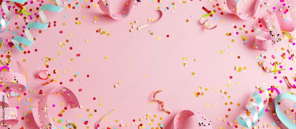 Poster pastel pink background with streamers confetti and a copy space image perfect for birthday party dec