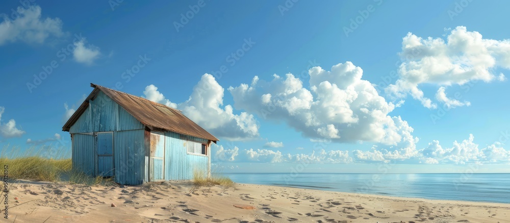 Aufkleber a polyester structure like a cabin or shed situated on the sandy beach with ample copy space image