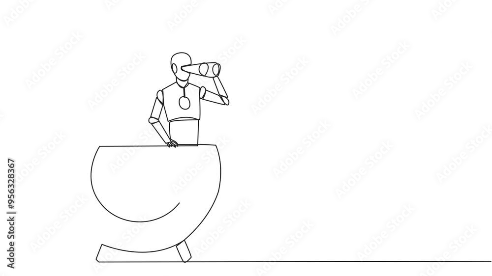Poster self drawing animation of single continuous line drawing smart robot appears from arrow target board