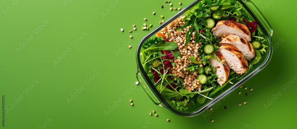 Aufkleber glass container with a fresh salad chicken and buckwheat on a green background viewed from above lea