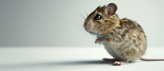 A striped grass mouse stands sideways with head raised looking away from the camera It is isolated on a white background with copy space image