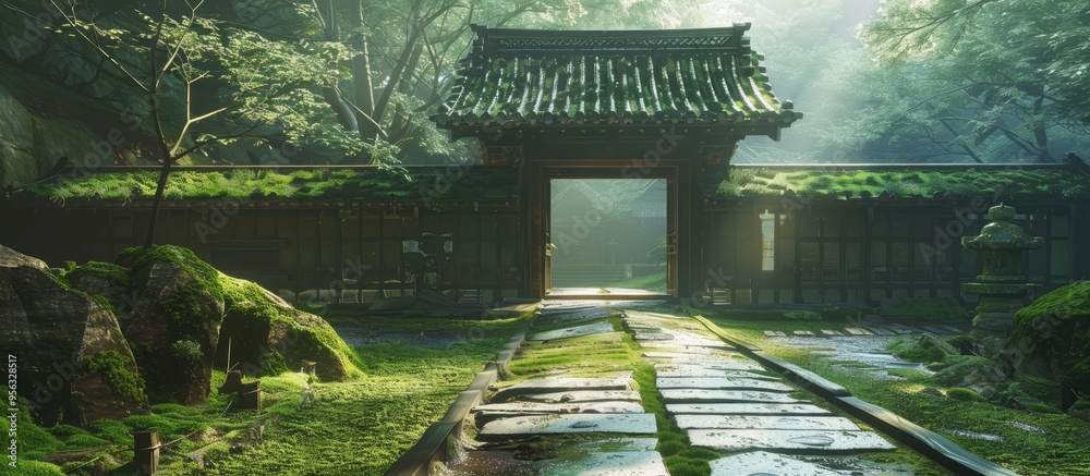 Poster Ancient Japanese building featuring moss covered stone walls in a serene setting with copy space image