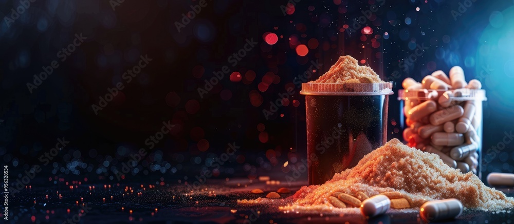 Poster bcaa amino acids supported by fitness supplements showcased on a dark background with a soft focus l