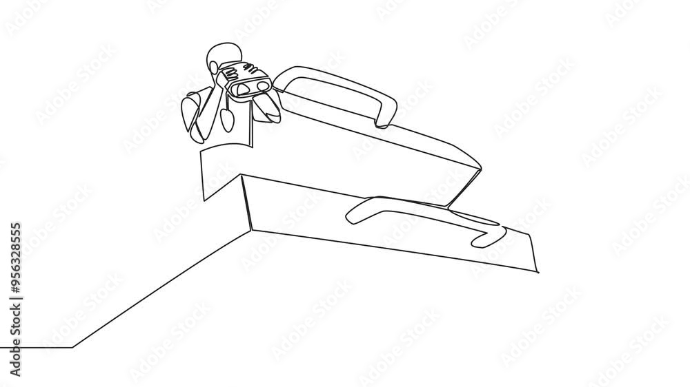 Poster animated self drawing of single continuous line drawing a smart robot emerges from briefcase looking