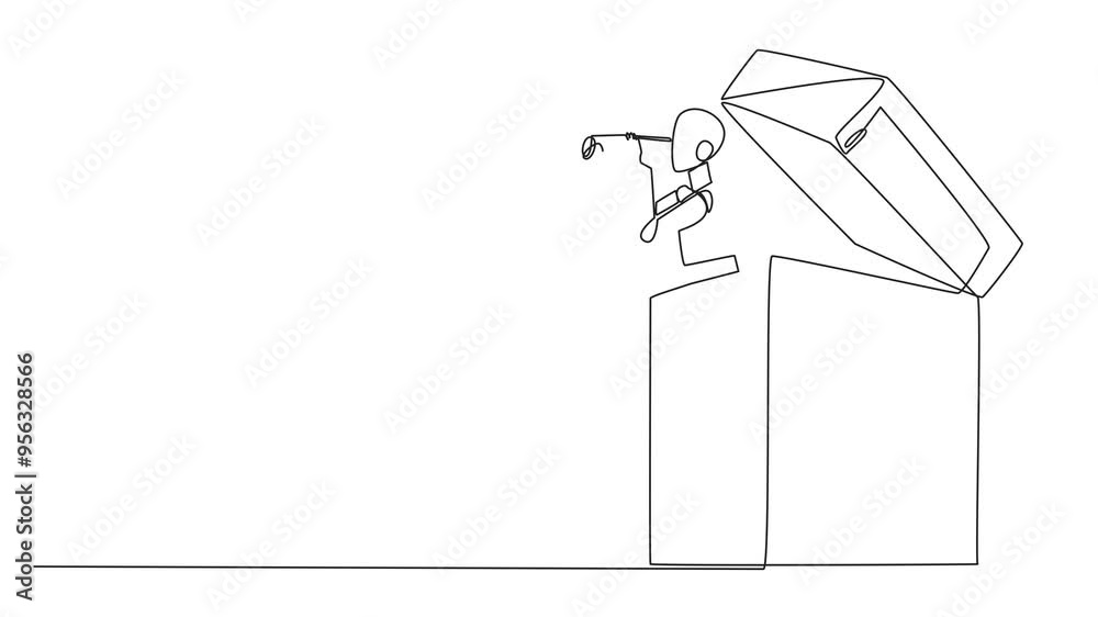 Poster animation of a single one line drawing a smart robot emerging from a safe deposit box looking for so