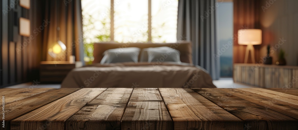 Fototapete a wooden table stands empty with a blurred bedroom backdrop offering a space for displaying advertis
