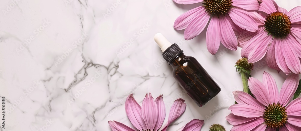 Poster copy space image showing echinacea purpurea extract or oil with flowers on a marble background repre