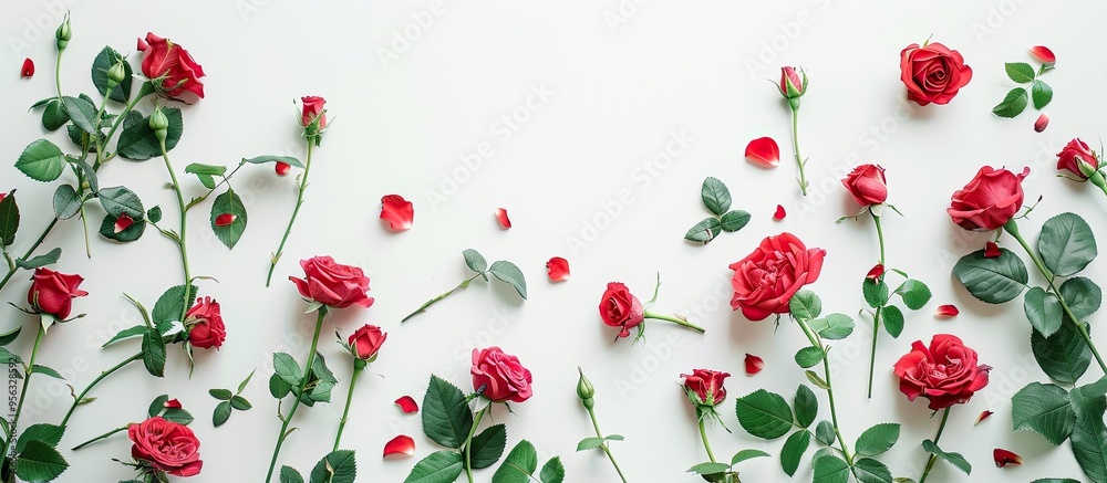 Poster Top down view of vibrant red roses displayed against a white backdrop in a flat lay composition with plenty of copy space image