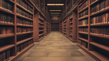 Obraz premium A serene library interior showcasing tall wooden bookshelves and warm lighting.