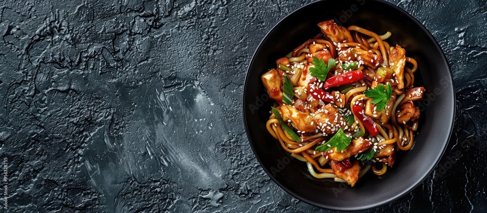 Aufkleber copy space image of a bowl with udon stir fry noodles chicken and sesame on a dark stone surface
