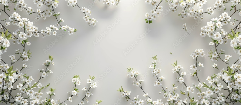 Aufkleber blooming trees delicate white flowers against a white wall create a serene copy space image for text