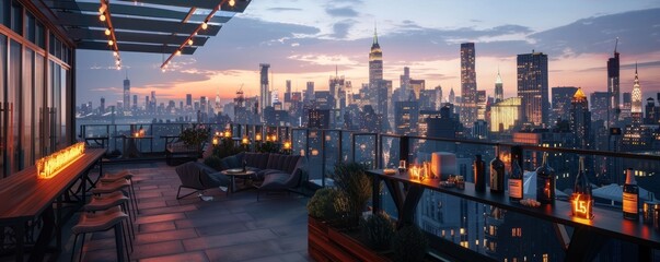 Fototapeta premium Chic rooftop reception with panoramic city views, 4K hyperrealistic photo