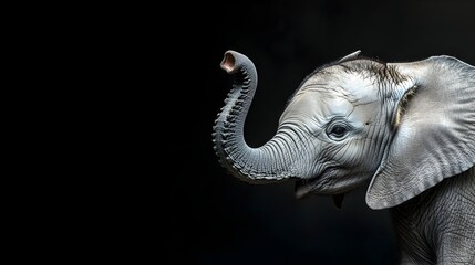 Obraz premium Adorable African elephant calf curiously exploring its surroundings and playing with its flexible trunk in a serene natural setting with ample copy space