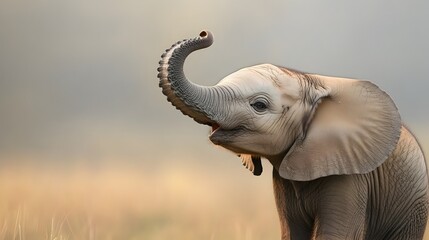 Obraz premium Adorable baby elephant calf curiously exploring its surroundings and playfully interacting with its own trunk in a serene grassy field