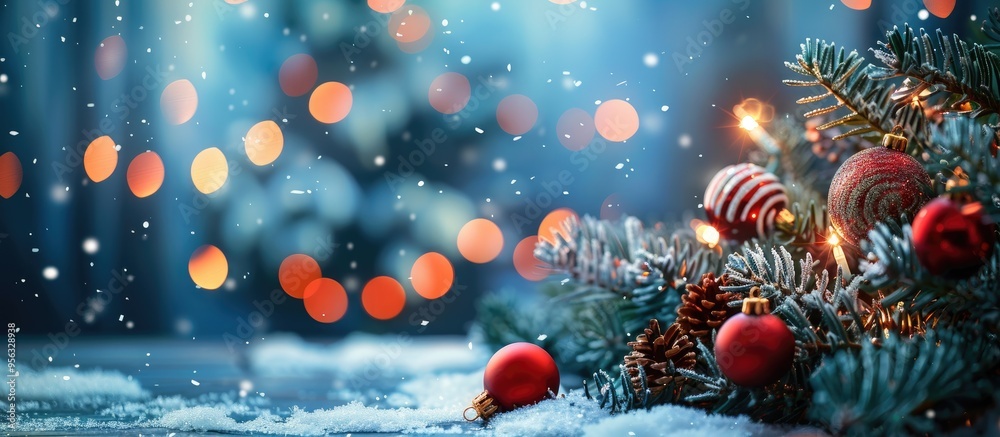 Poster festive christmas themed background featuring snow a decorated fir tree and ornaments with twinkling