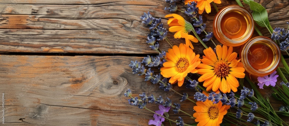 Poster calendula and lavender flowers with honey arranged on a wooden backdrop creating a serene copy space