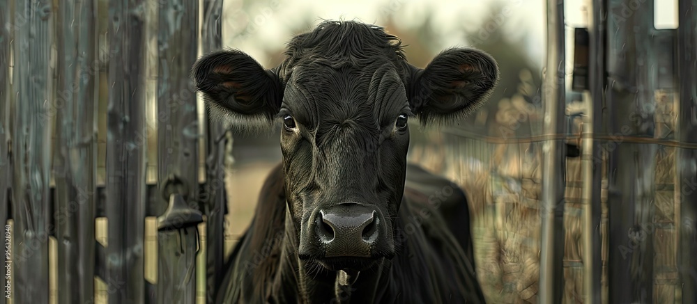 Aufkleber a black cow in an enclosure with a bell around its neck with available copy space image
