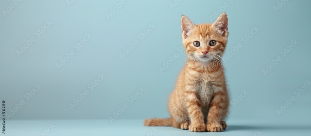 Poster A cute ginger tabby kitten sits gracefully on a soft blue backdrop posing for an animal portrait with a sweet demeanor offering ample copy space for adding text or elements
