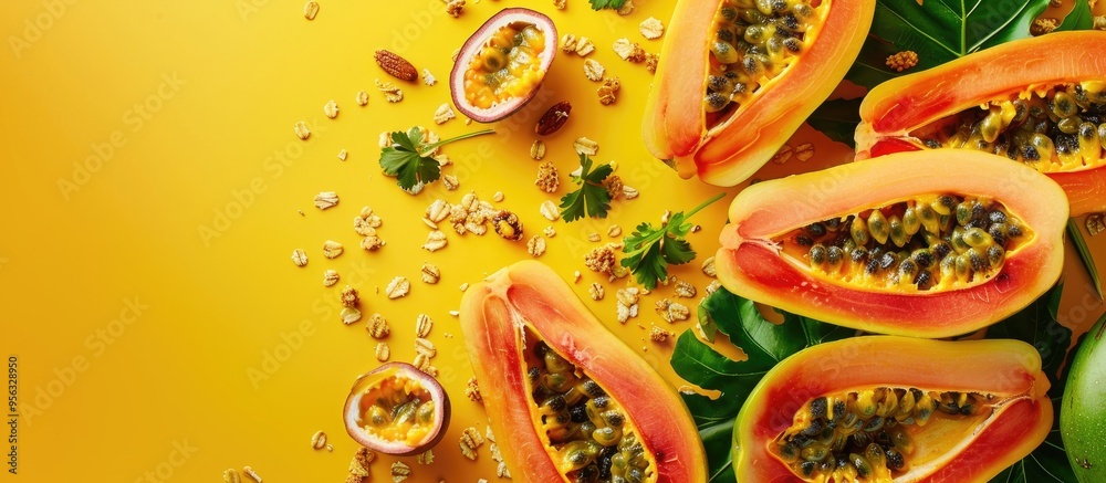 Poster halved papayas rucola and granola with copy space set on a yellow background alongside slices of swe